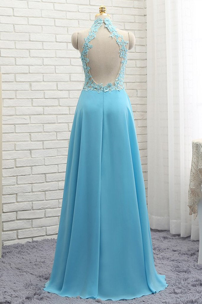 Unthony - A Line High Neck Open Back Lace Chiffon Ruffles Blue Long Prom Dresses