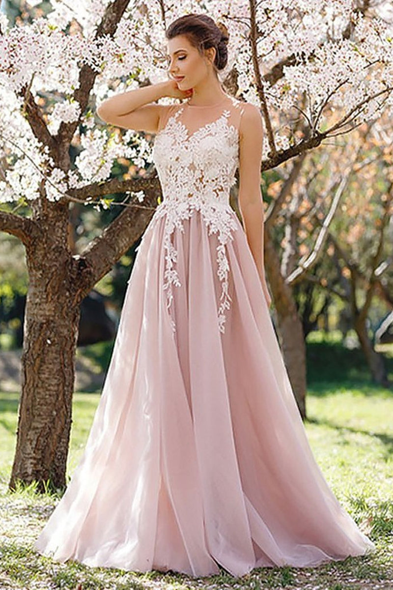 Unthony - Round Neck White Lace Pink Long Prom Dresses
