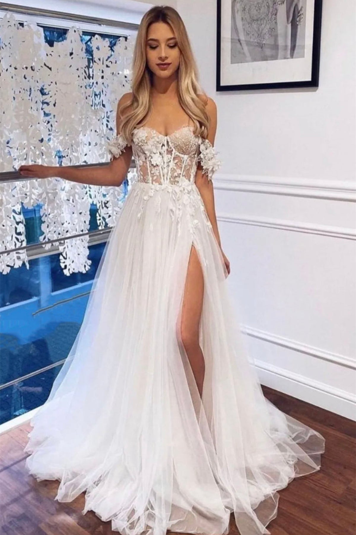 Unthony - Elegant Off Shoulder White Lace Tulle Long Prom Dress with High Slit