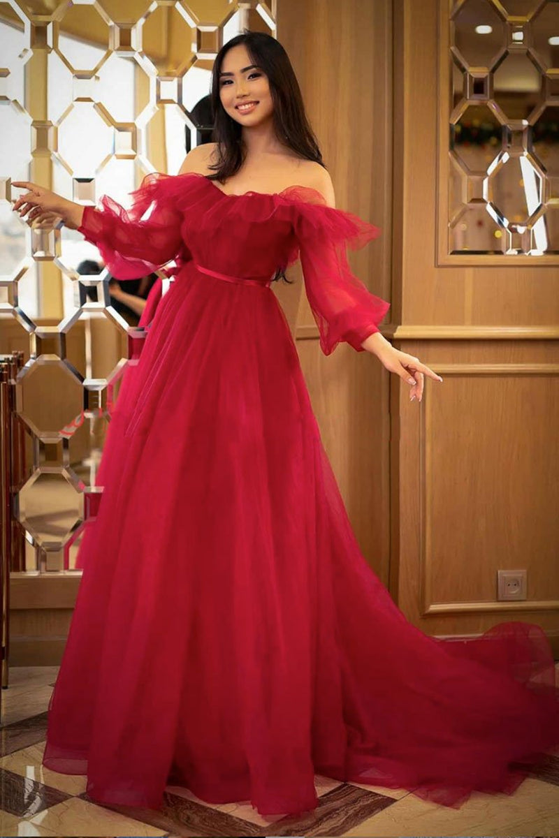 Unthony - Princess Off Shoulder Long Sleeves Red Long Prom Dress