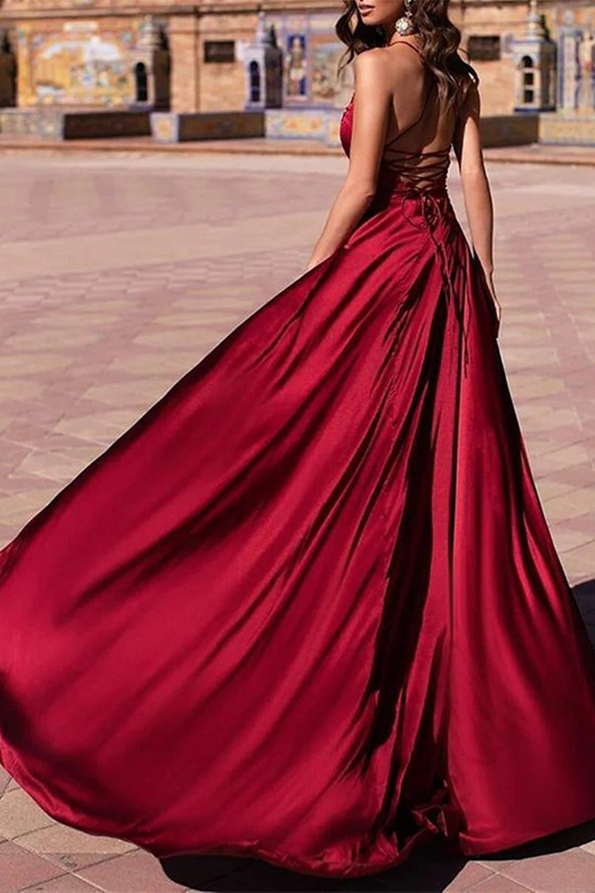 Unthony - A Line V Neck Backless Burgundy Satin Long Prom Dress with Double Slit