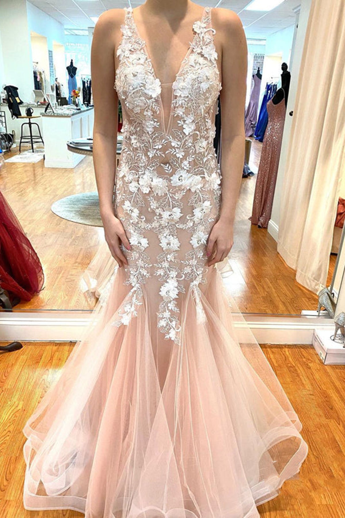 Unthony - Mermaid V Neck Rose Pink Tulle Long Prom Dress with Appliques