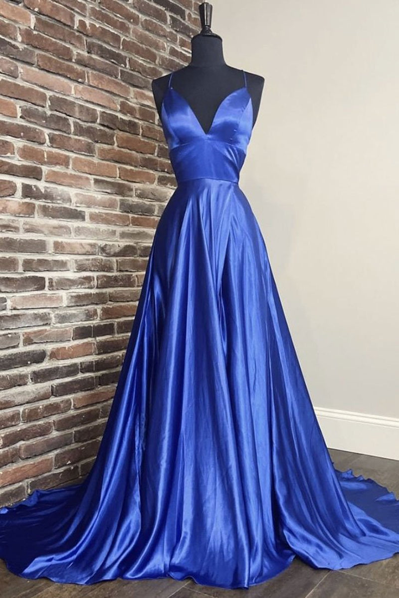 Unthony - A Line V Neck Blue Long Prom Dress