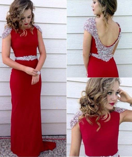 Unthony - A Line Round Neck Cap Sleeves Sequins Red Prom Dresses