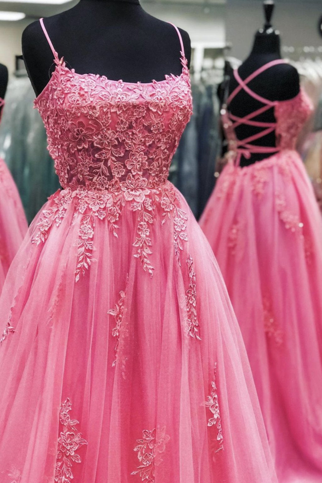 Unthony - Pink Tulle Backless Lace Floral Long Prom Dress