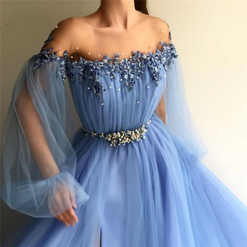 Unthony - Custom Made Long Sleeves Baby Blue Tulle Long Prom Dress with Slit