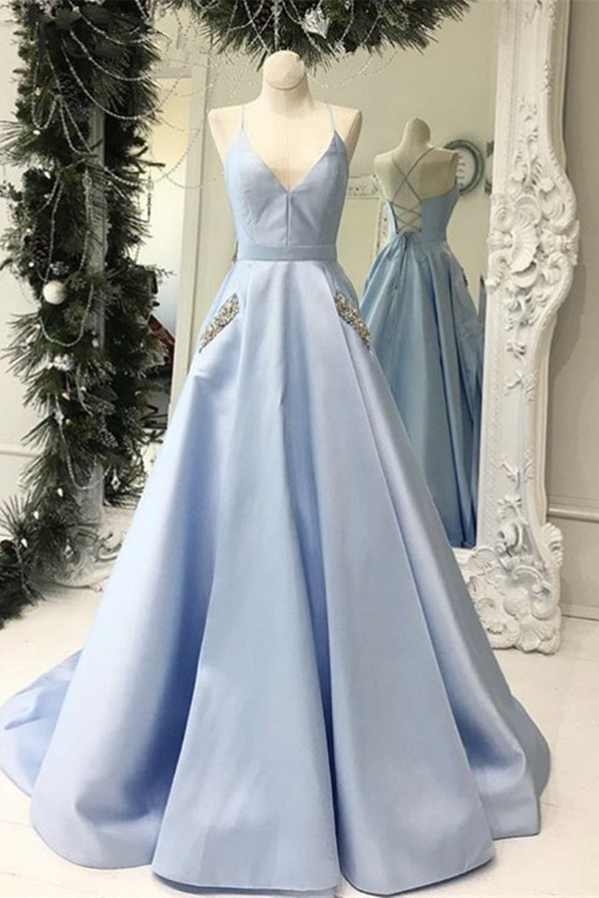 Unthony - V Neck Open Back Light Blue Satin Long Prom Dresses with Pocket