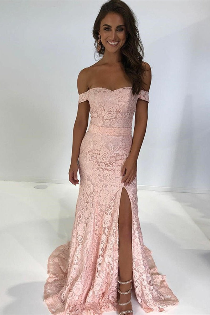 Unthony - Off Shoulder Mermaid Pink Lace Long Prom Dress with Slit
