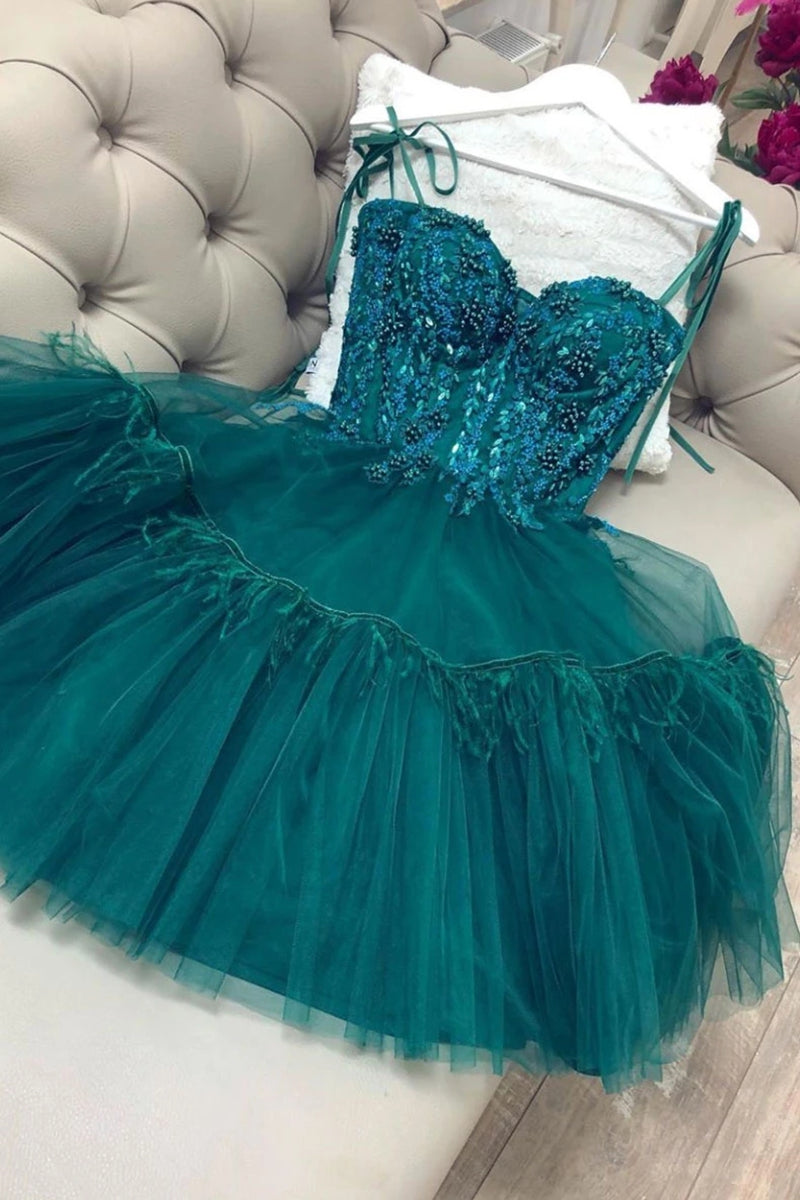 Unthony - Green Beaded Lace Short Prom Dress with Straps