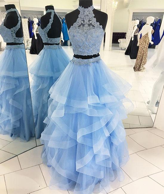Unthony - Two Pieces Blue Tulle Lace Long Prom Dress