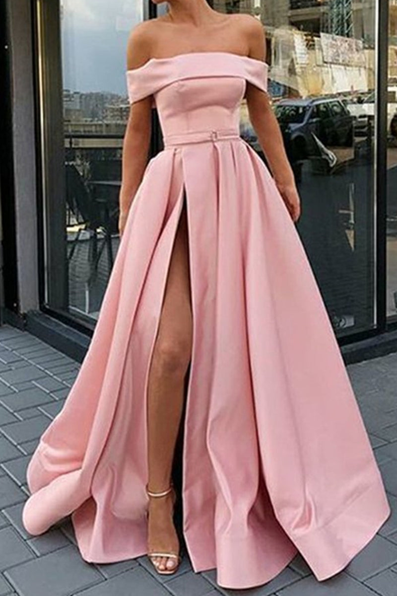 Unthony - Off Shoulder Light Blue Pink Satin Long Prom Dress with High Split