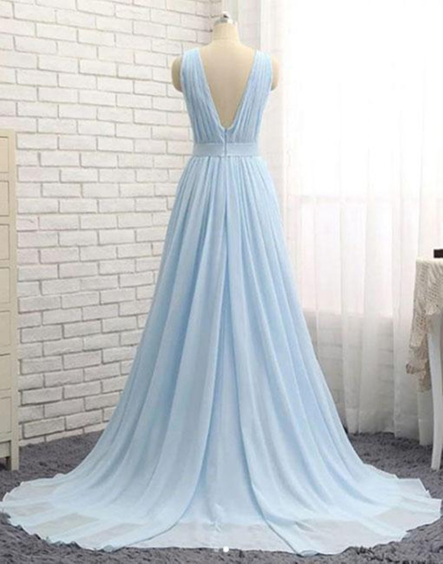 Unthony - A Line V Neck and V Back Sky Blue Chiffon Long Prom Dresses