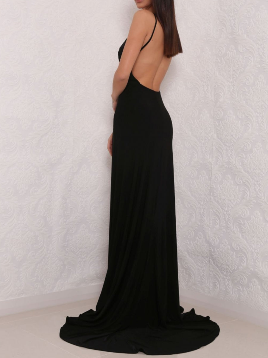 Unthony - Sexy A Line V Neck Backless Black Prom Dresses with Slit