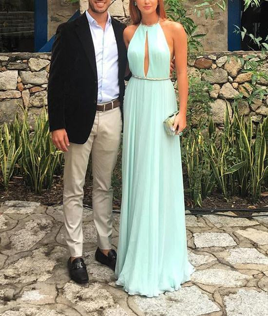 Unthony - Green Halter Neck Backless Chiffon Long Prom Dress