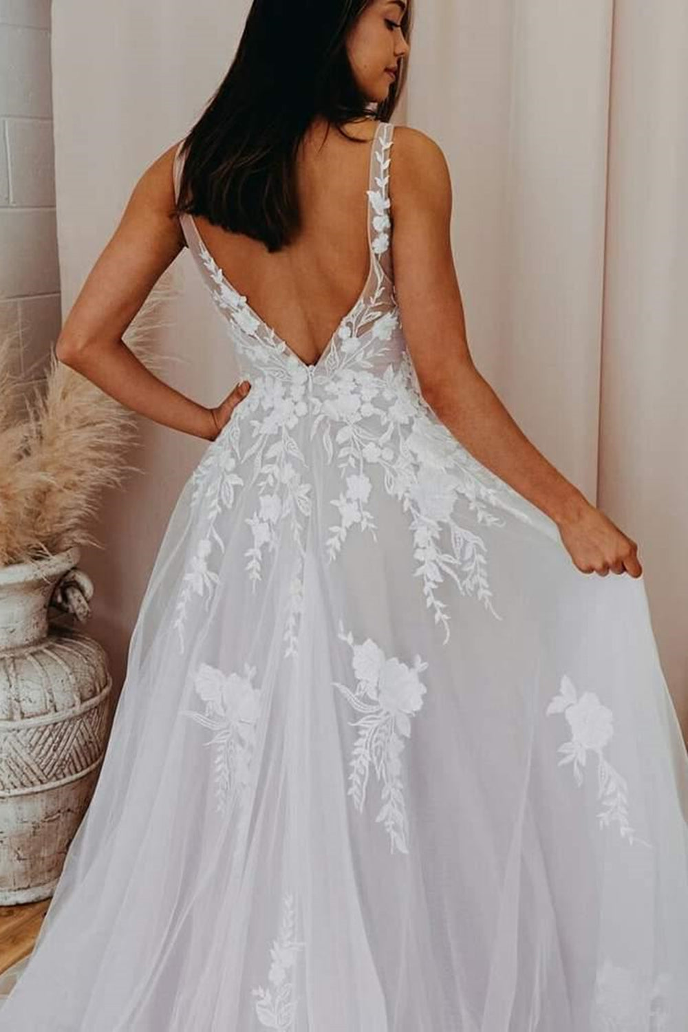Unthony - A Line V Neck Open Back White Lace Long Prom Wedding Dress