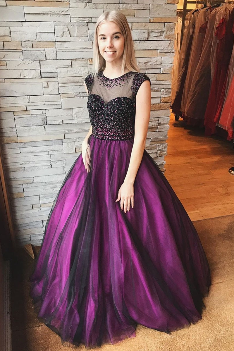 Unthony - Round Neck Cap Sleeves Beaded Long Purple Prom Dress