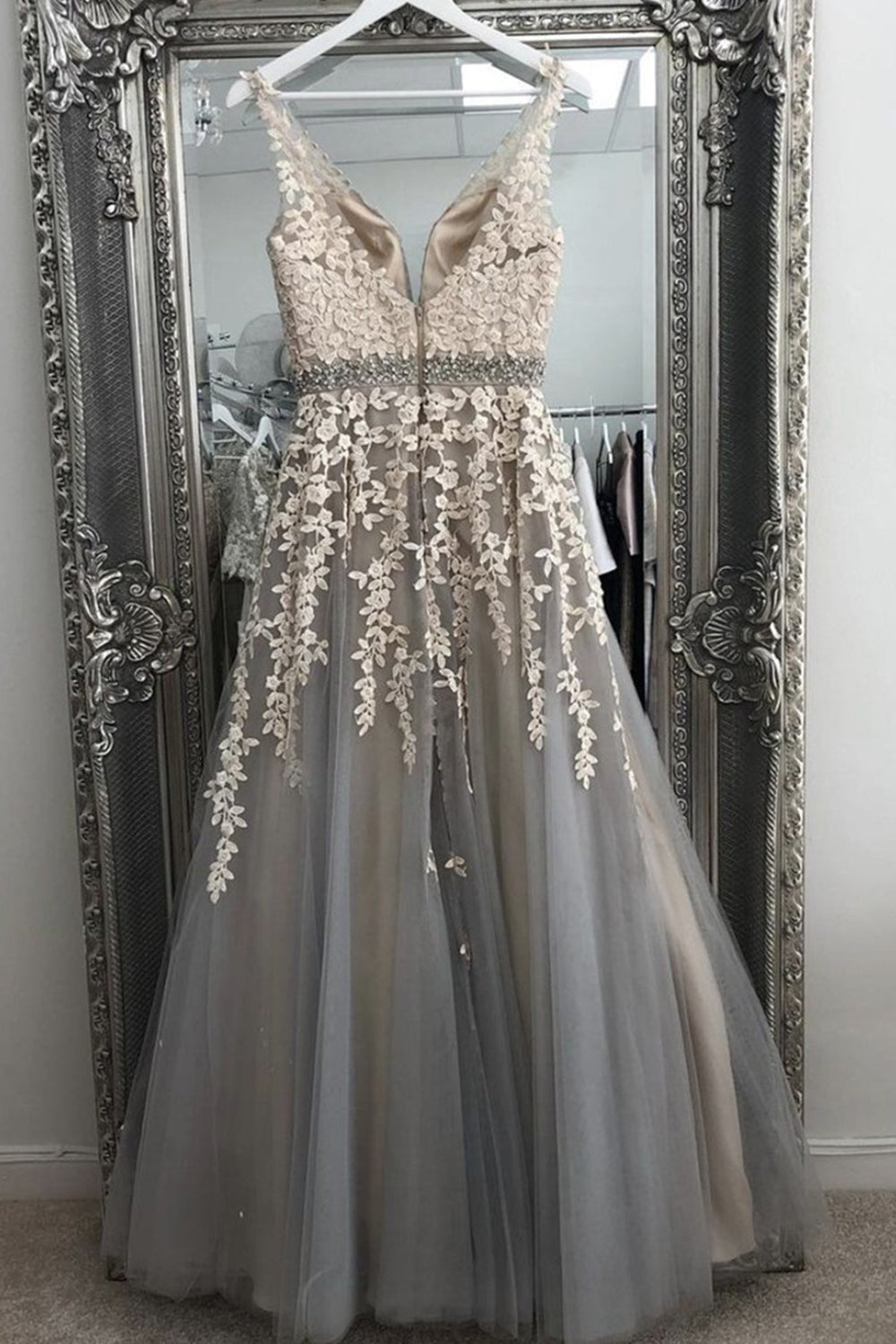 Unthony - A Line V Neck Gray Lace Long Prom Dress with Belt