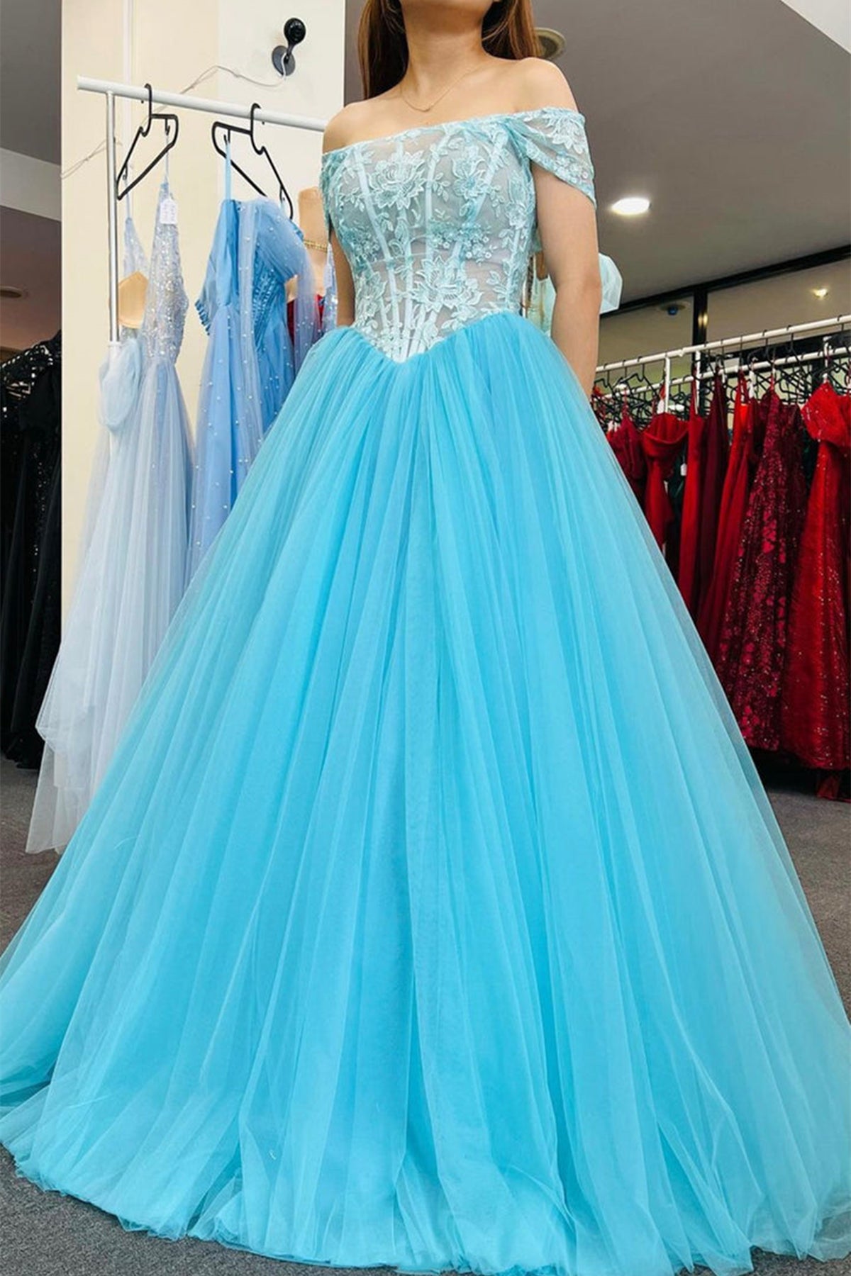 Unthony - Off Shoulder Blue Lace Tulle Long Prom Dress