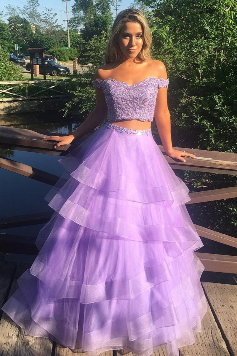 Unthony - Off the Shoulder Two Pieces Lavender Lace Long Prom Dress