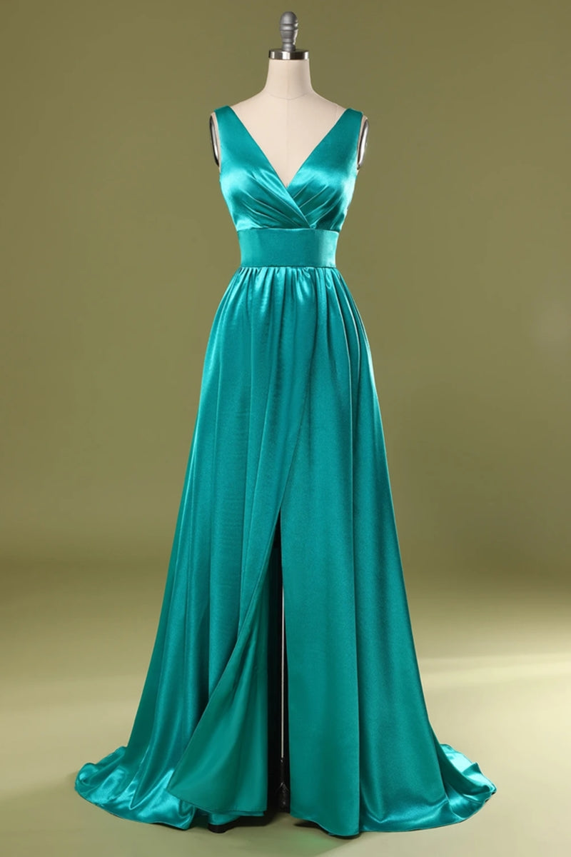 Unthony - A Line V Neck and V Back Turquoise Long Prom Dress with Slit
