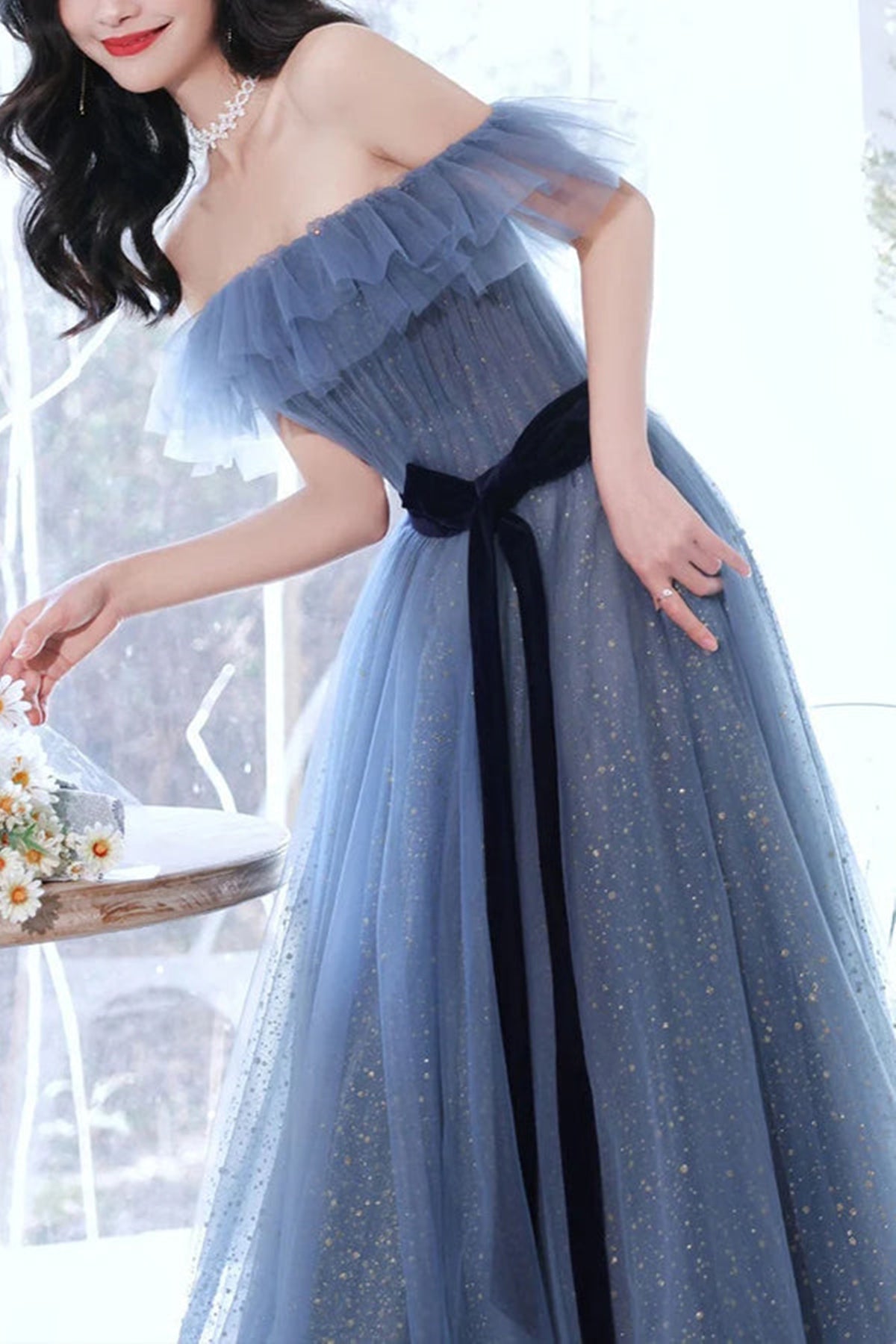 Unthony - Elegant Off Shoulder Gray Blue Long Prom Dresses