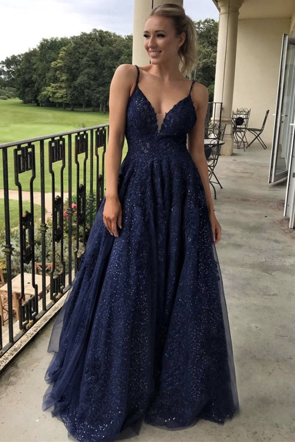 Unthony - A Line V Neck Navy Blue Lace Long Prom Dress with Sequins