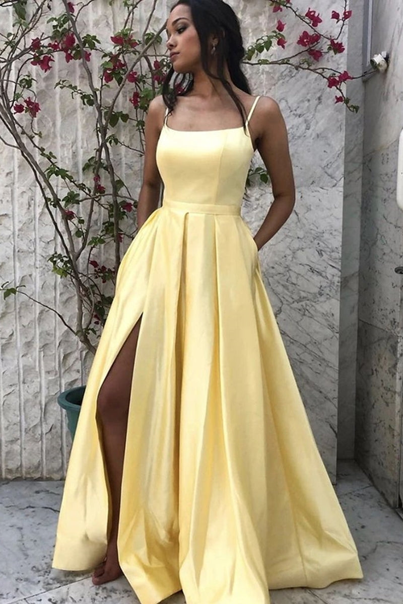 Unthony - Elegant A Line Yellow Satin Long Prom Dress with Side Slit