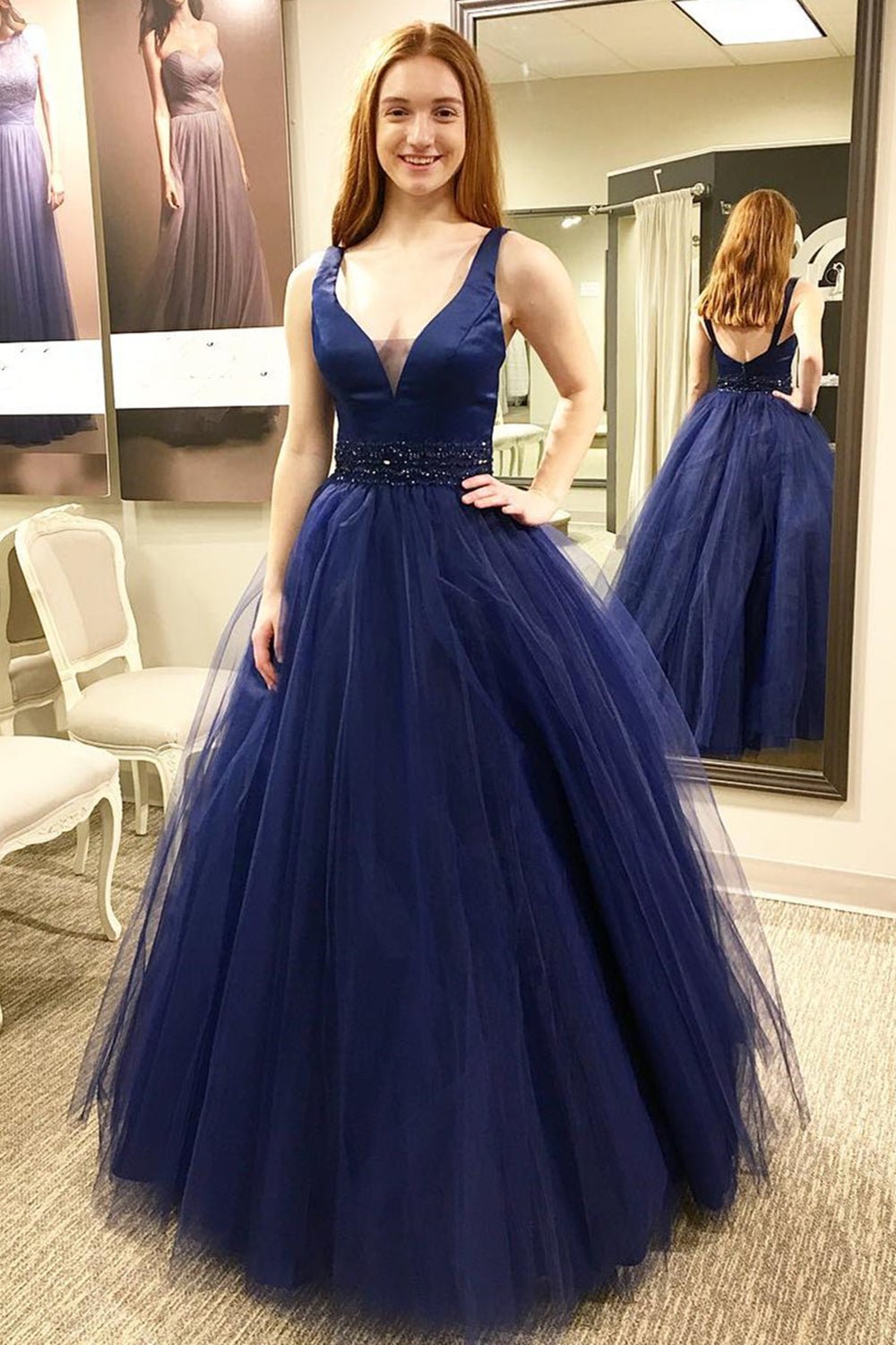 Unthony - V Neck Open Back Blue Beaded Long Prom Dress