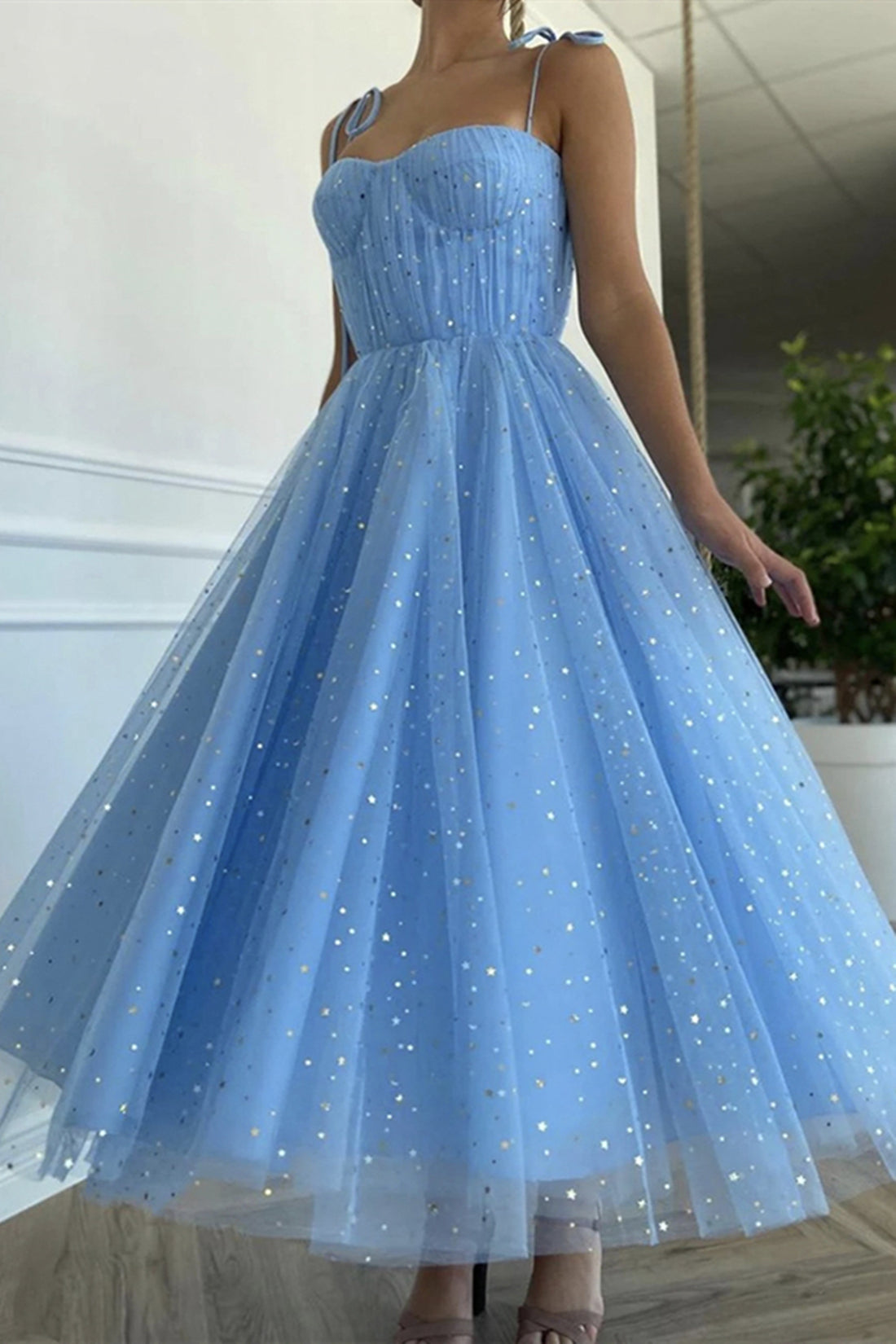 Unthony - Spaghetti Straps Sequins Blue Tea Length Prom Dress