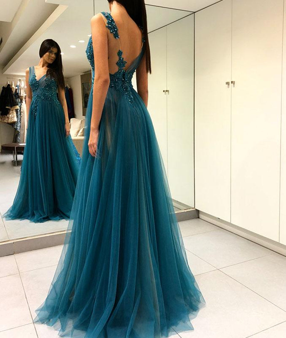 Unthony - A Line V Neck Open Back Lace Green Tulle Long Prom Dresses