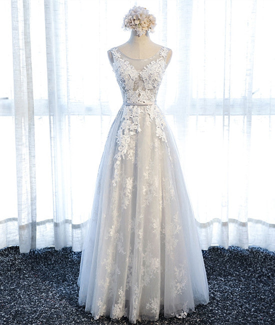 Unthony - A Line Round Neck Sleeveless Lace Grey/Pink/Champagne Prom Dresses