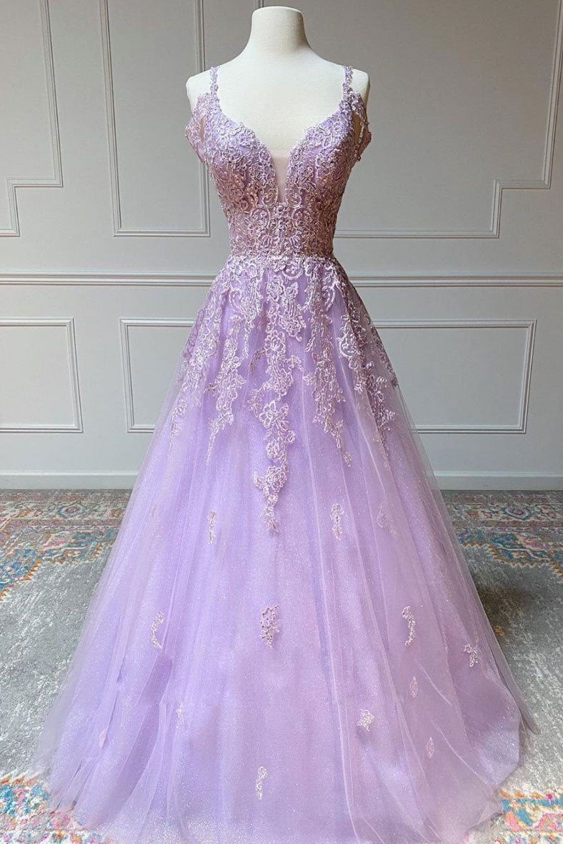 Unthony - V Neck Off Shoulder Long Lilac Lace Prom Dress