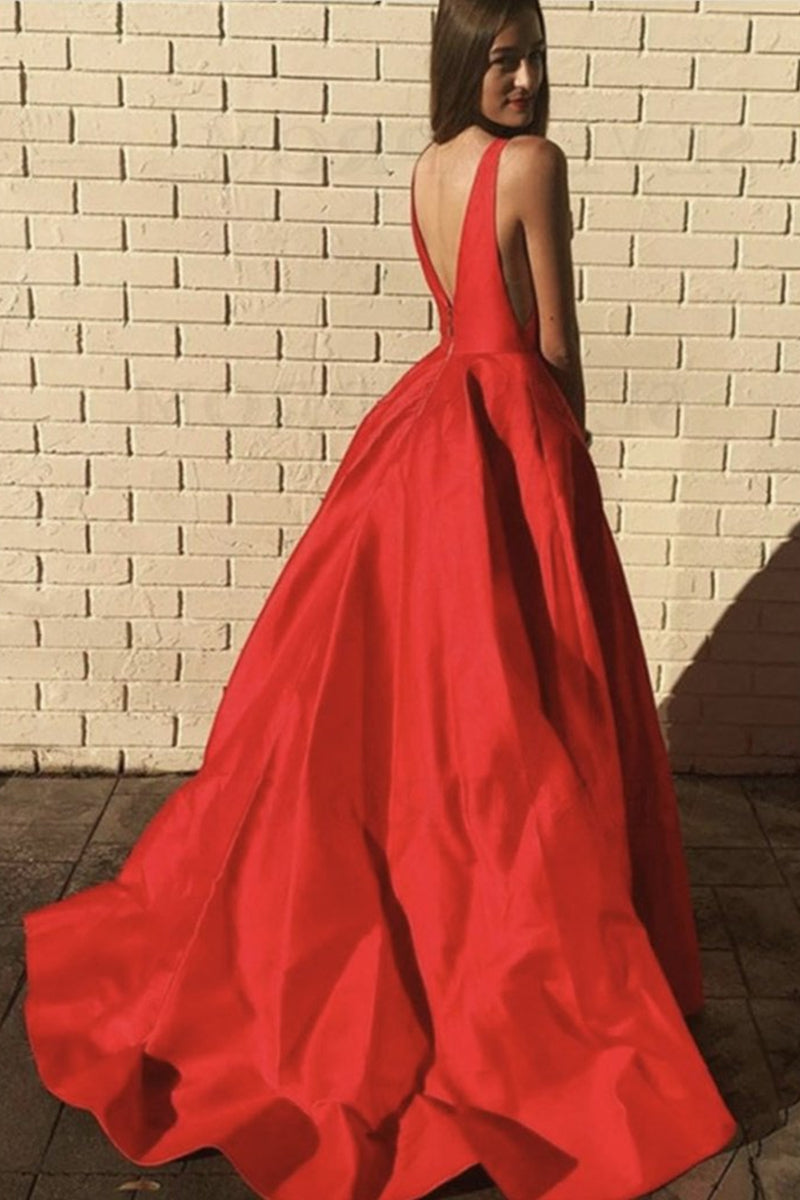 Unthony - V Neck and V Back Red Satin Long Prom Dress with Pocket