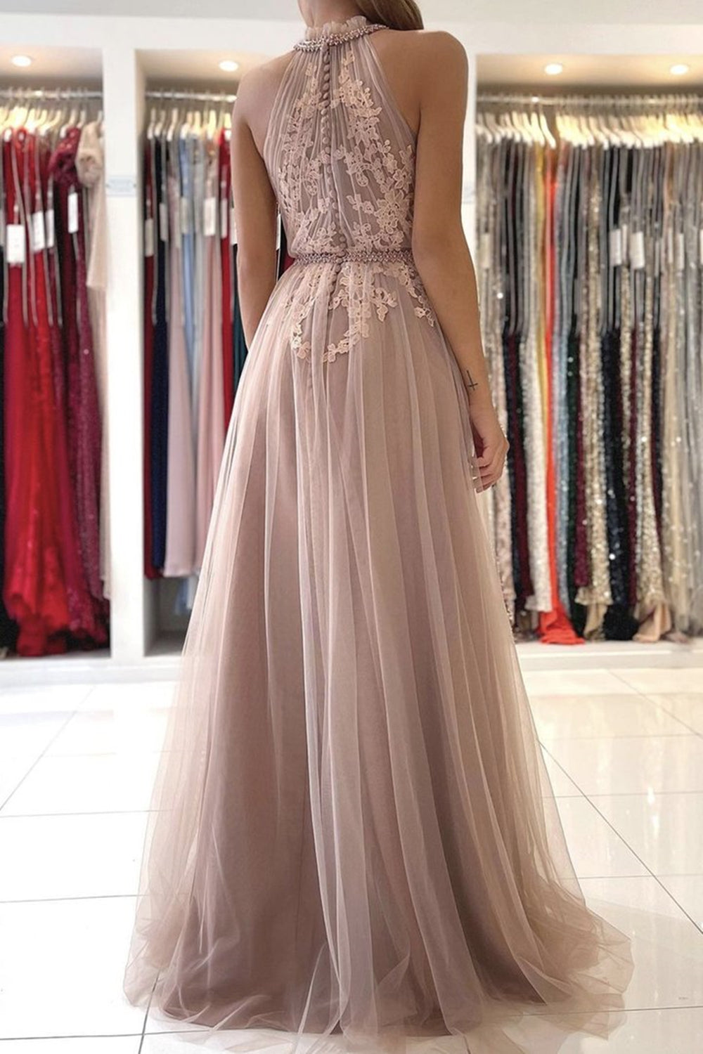 Unthony - A Line Pink Lace Long Prom Dress with Belt