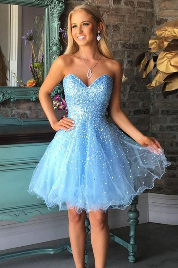 Unthony - Blue Sweetheart Neck Sequins Tulle Short Prom Dresses