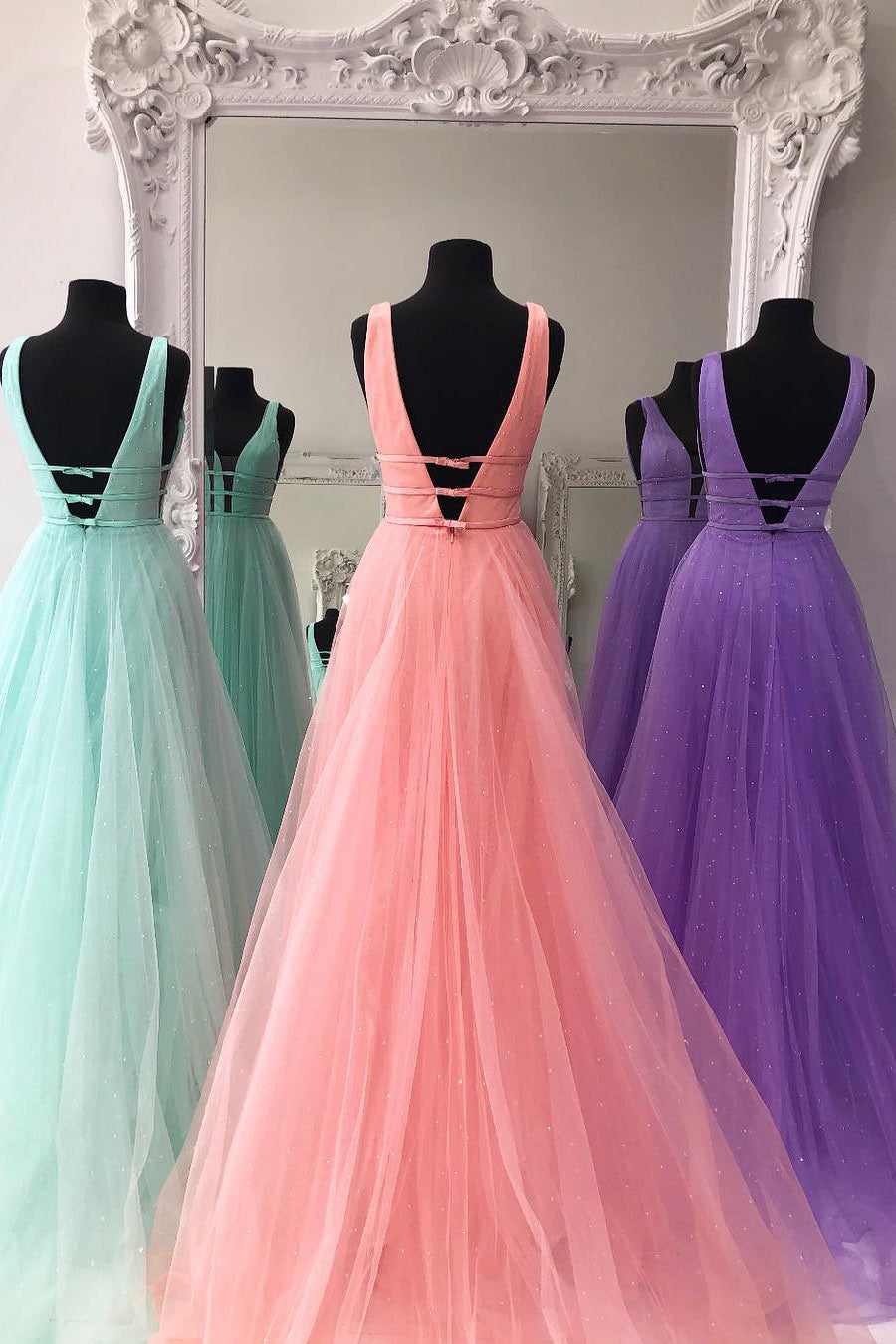 Unthony - Sparkly A Line V Neck and V Back Mint Green/Lilac/Coral Prom Dresses with Thin Belt