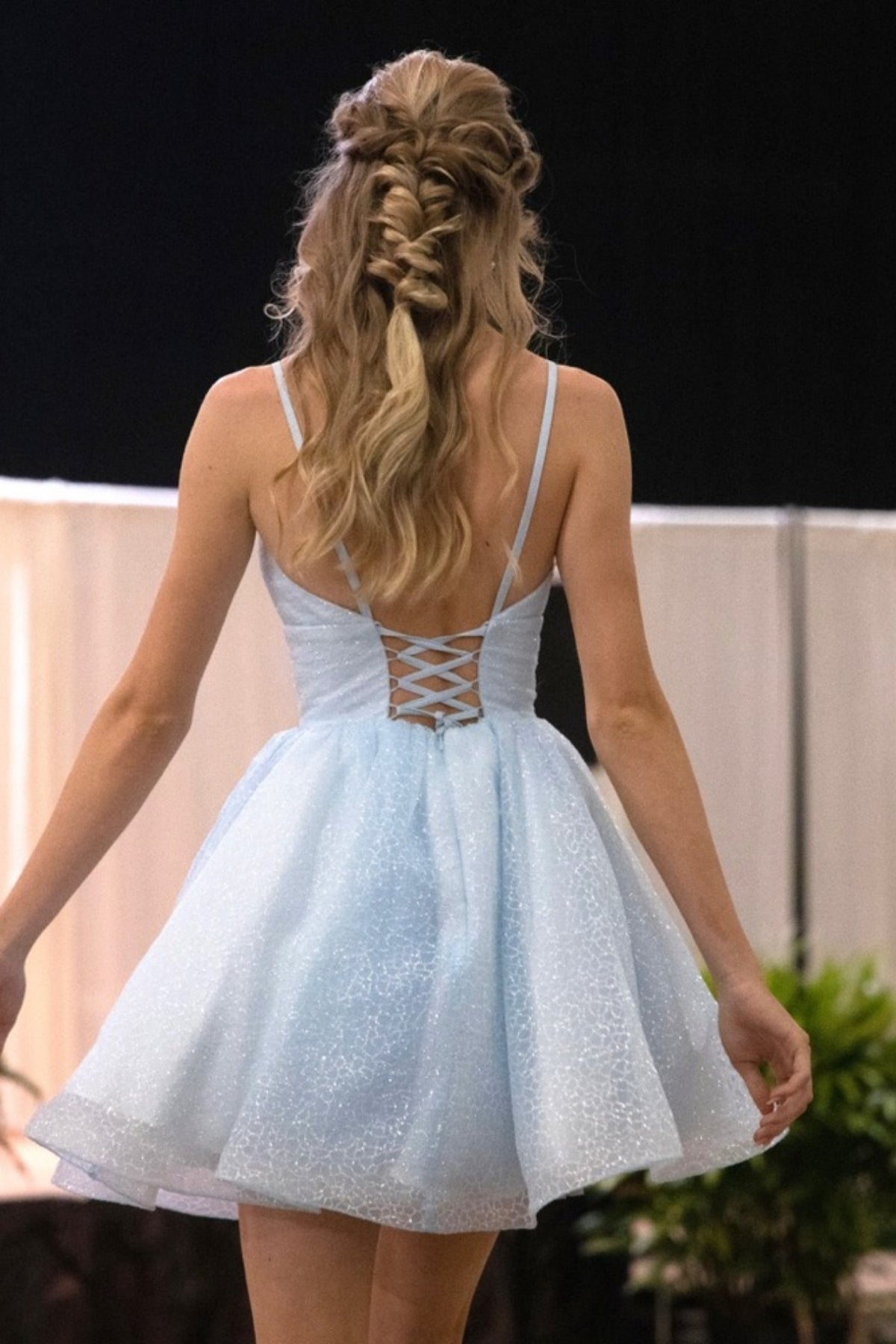 Unthony - Princess V Neck Light Blue Tulle Short Prom Dress