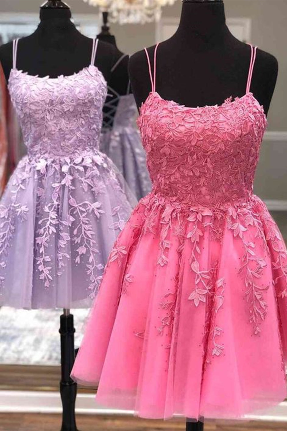 Unthony - Short A Line Thin Straps Purple/Hot Pink Lace Prom Dress