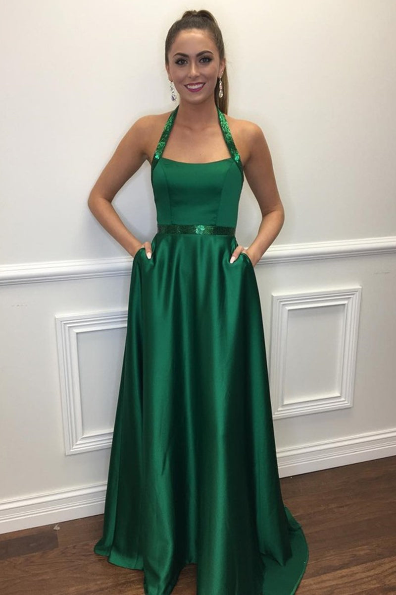 Unthony - A Line Halter Neck Green Long Prom Dresses with Pocket