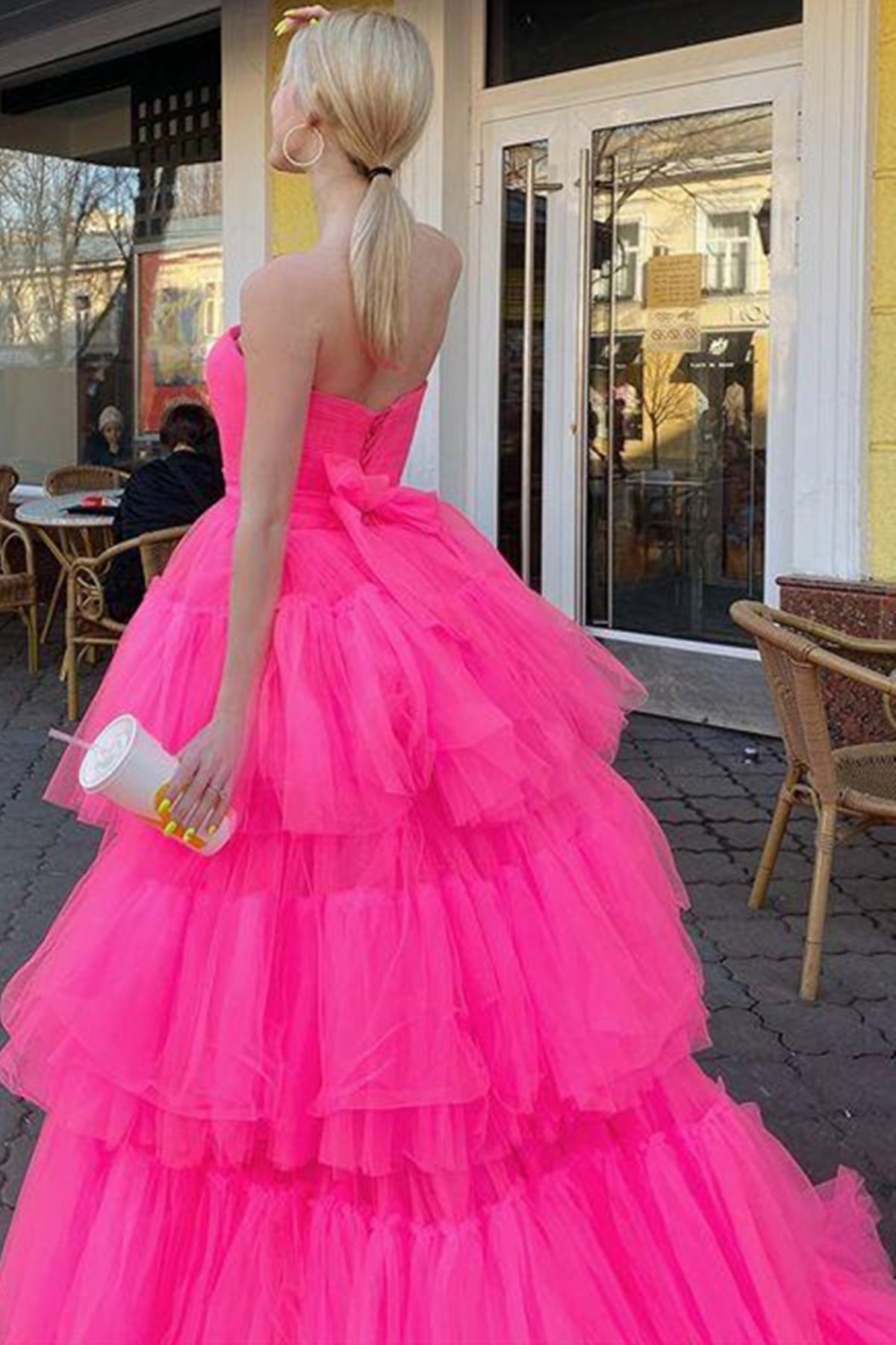 Unthony - Strapless High Low Layered Hot Pink Tulle Long Prom Dress