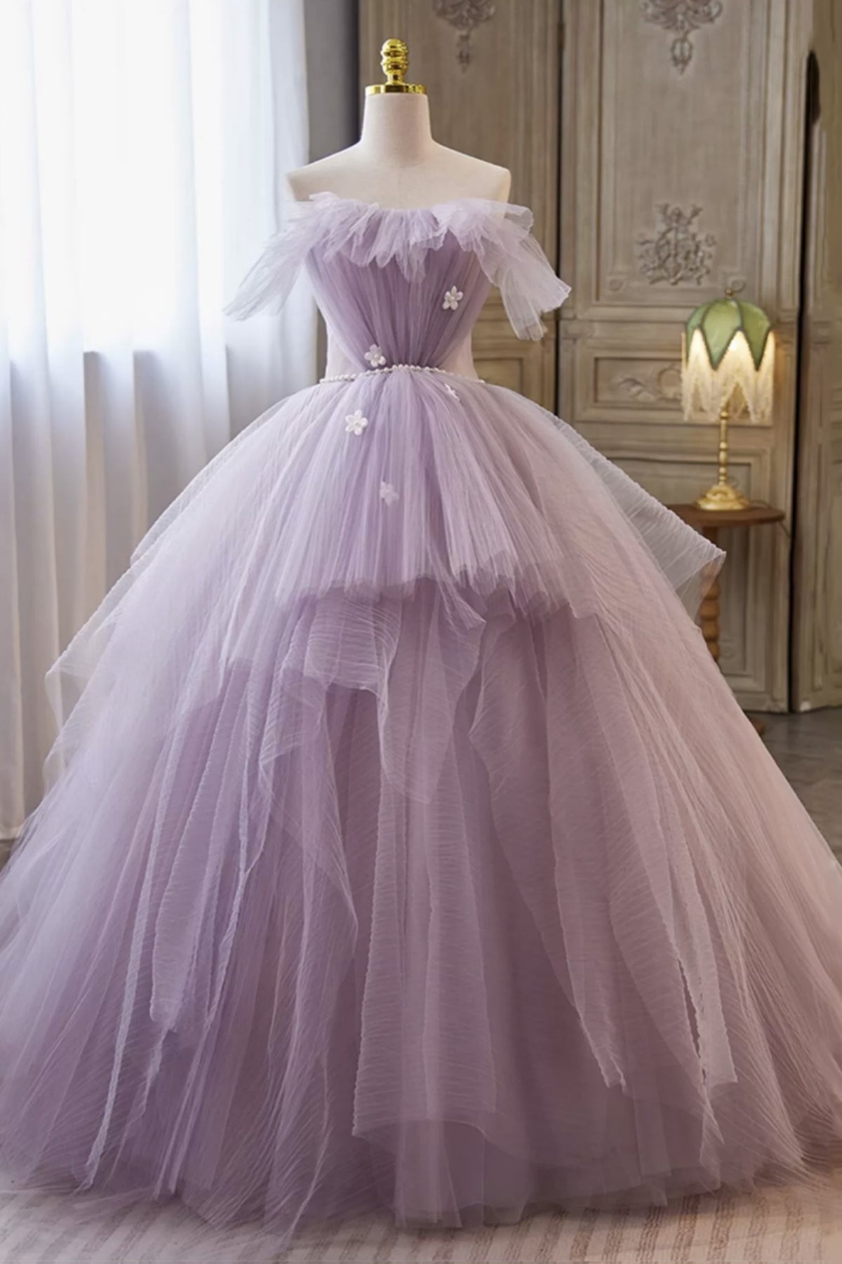 Unthony - Princess Lavender Tulle Floral Long Prom Dress