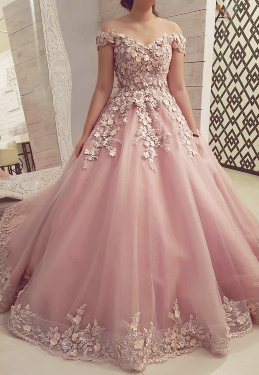 Unthony - Off Shoulder Pink Lace Floral Long Prom Dresses