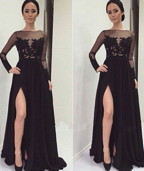 Unthony - Long Sleeves Lace Black Prom Dresses