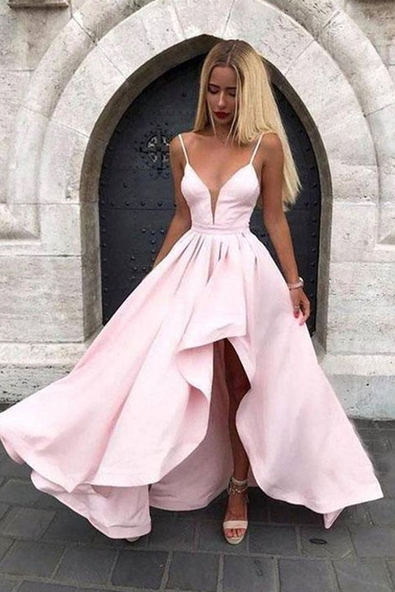 Unthony - High Low V Neck Pink Satin Prom Dress