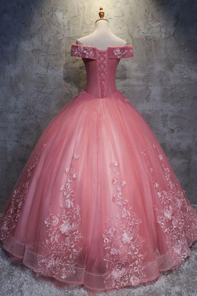 Unthony - Gorgeous Off the Shoulder Pink Lace Appliques Long Prom Dress