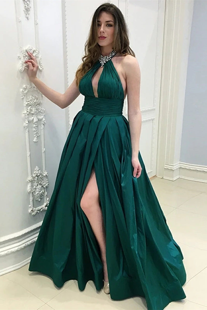 Unthony - A Line Halter Neck Floor Length Dark Green Long Prom Dress with High Split