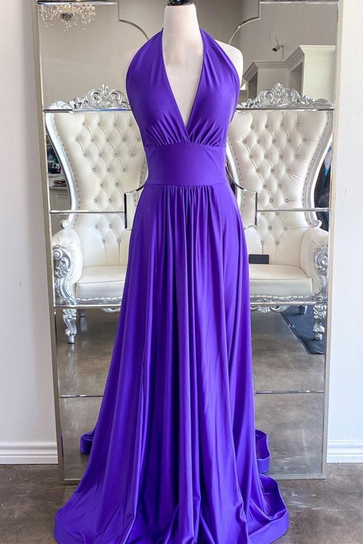 Unthony - Elegant Halter Neck Backless Purple Long Prom Dress