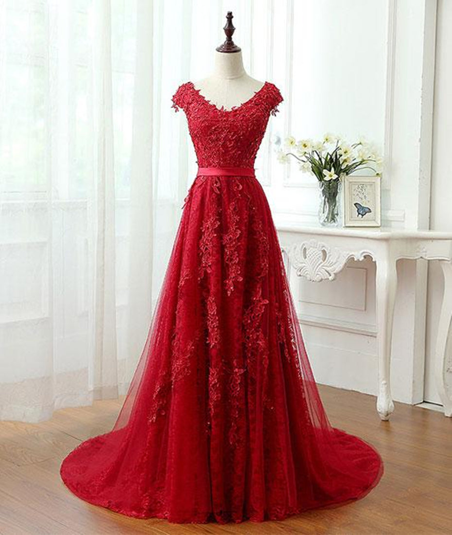 Unthony - A Line Cap Sleeves Burgundy Lace Long Prom Dress with Appliques