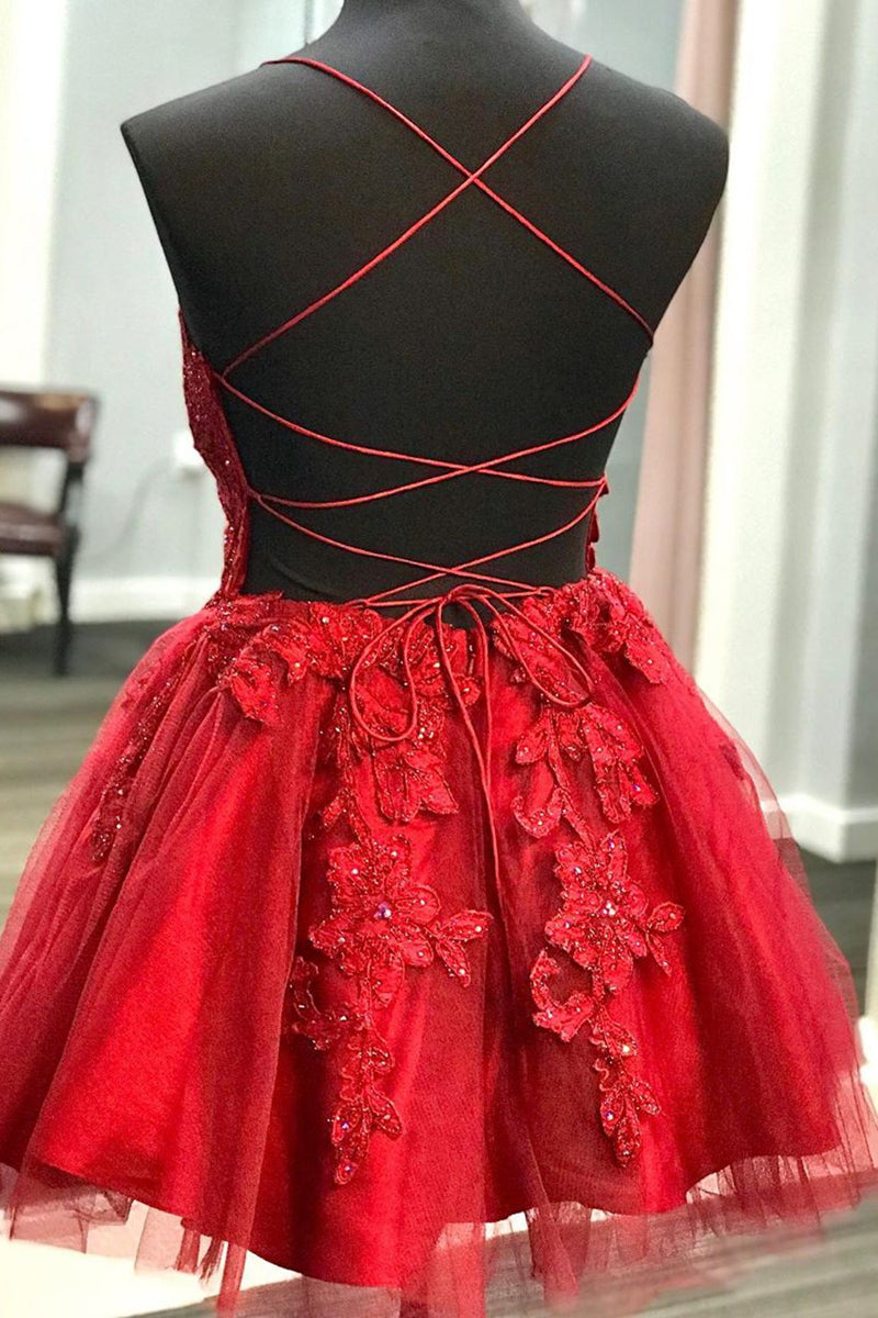 Unthony - A Line V Neck Backless Lace Red Short Prom Dress Homecoming Dress