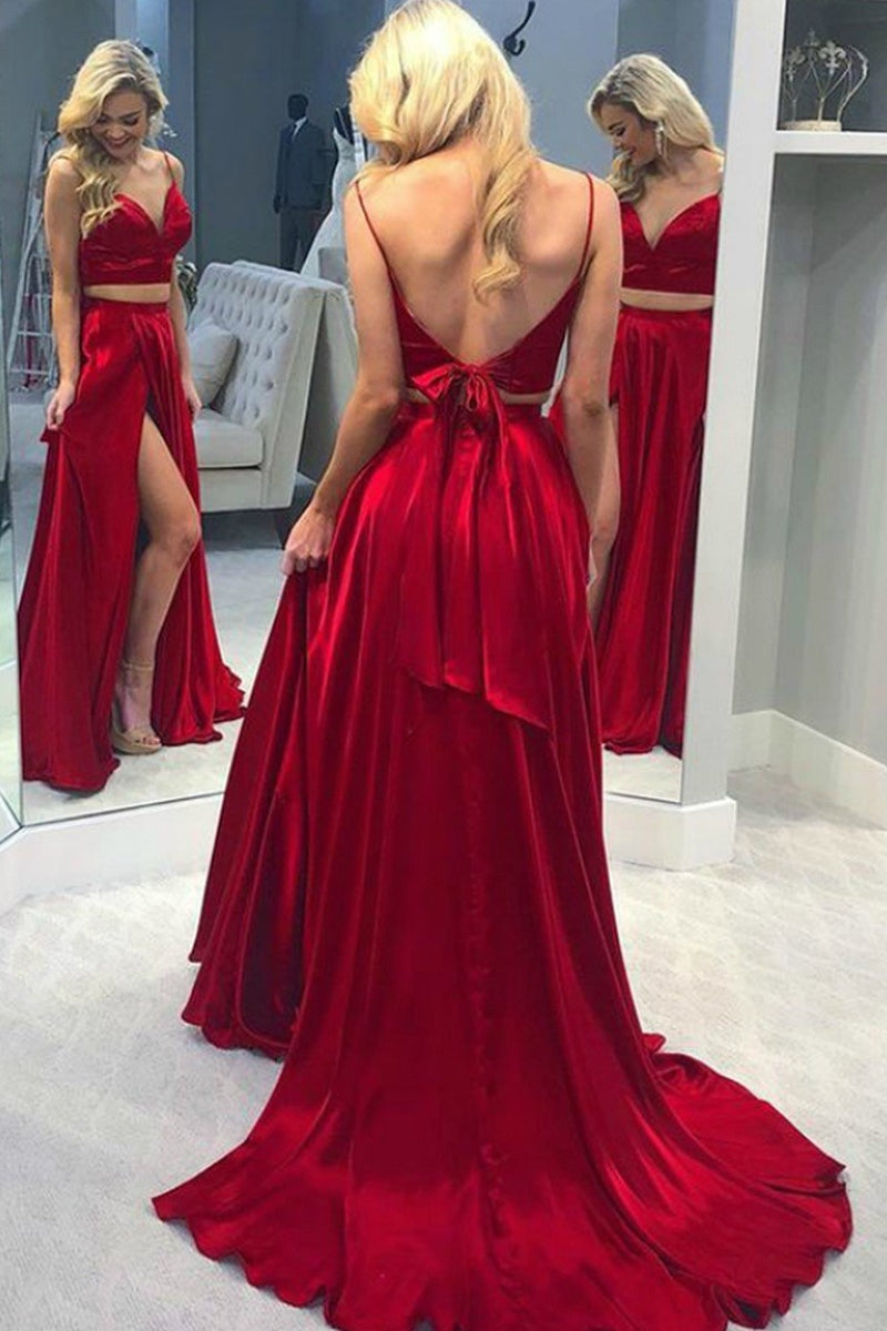 Unthony - V Neck Two Pieces Red Satin Long Prom Dress with Split
